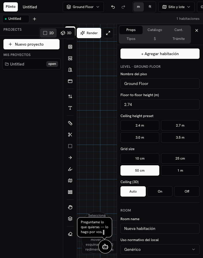 Estudio 2D: habitación seleccionada + propiedades
